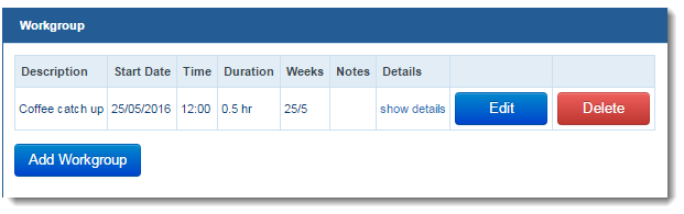 Option to add a workgroup with a blue button saying 'add workgroup' in white text, another blue button that says 'edit' in white text and a red button that says 'delete' in white text.