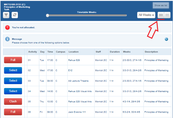 a timetable page with a red outlined arrow pointing at the grid option icon in the top right of a blue menu bar.