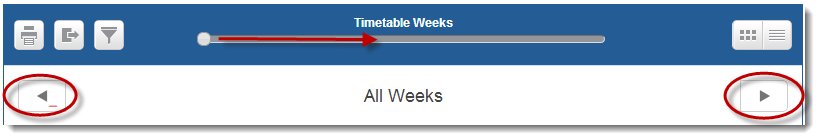 Box showing timetable in weeks slider with left and right arrows