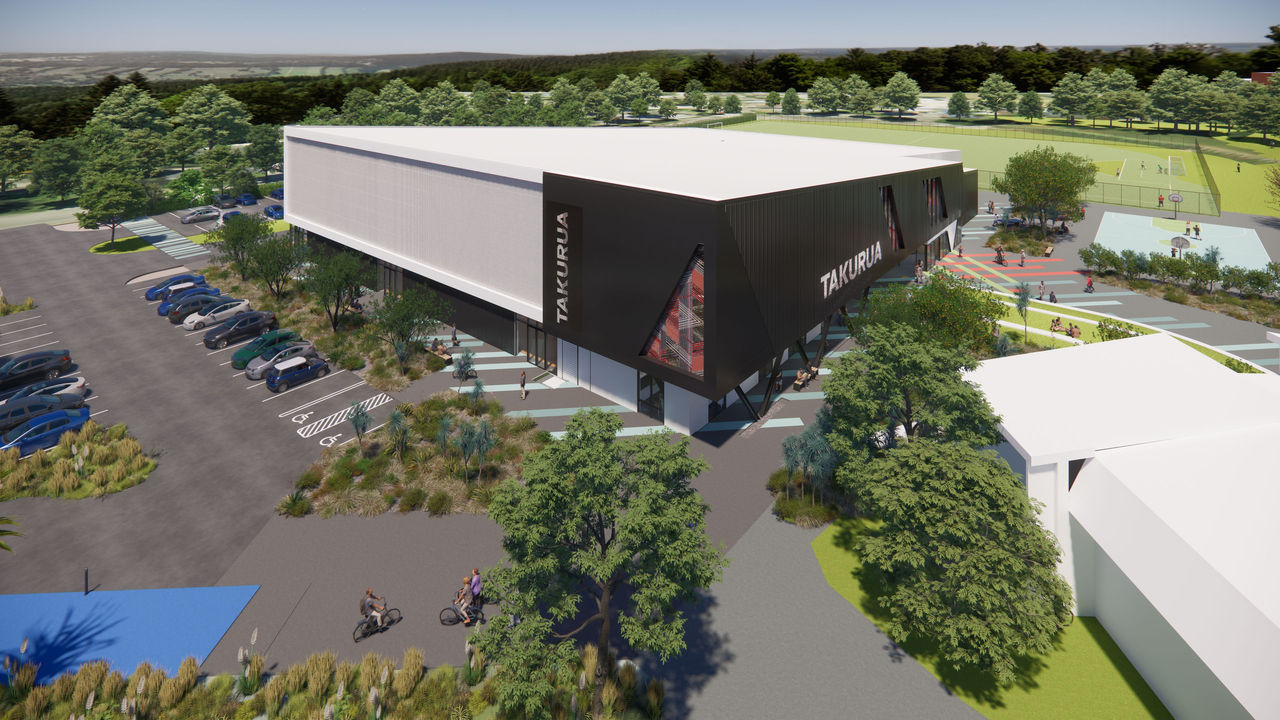 Architect's render aerial view of Takurua recreation centre. Takurua recreation centre exterior concept.