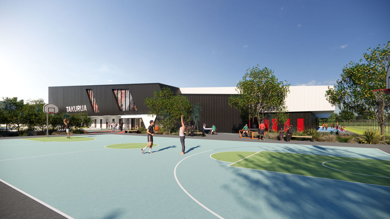 Architect's render of the outdoor courts in use at Takurua recreation centre.