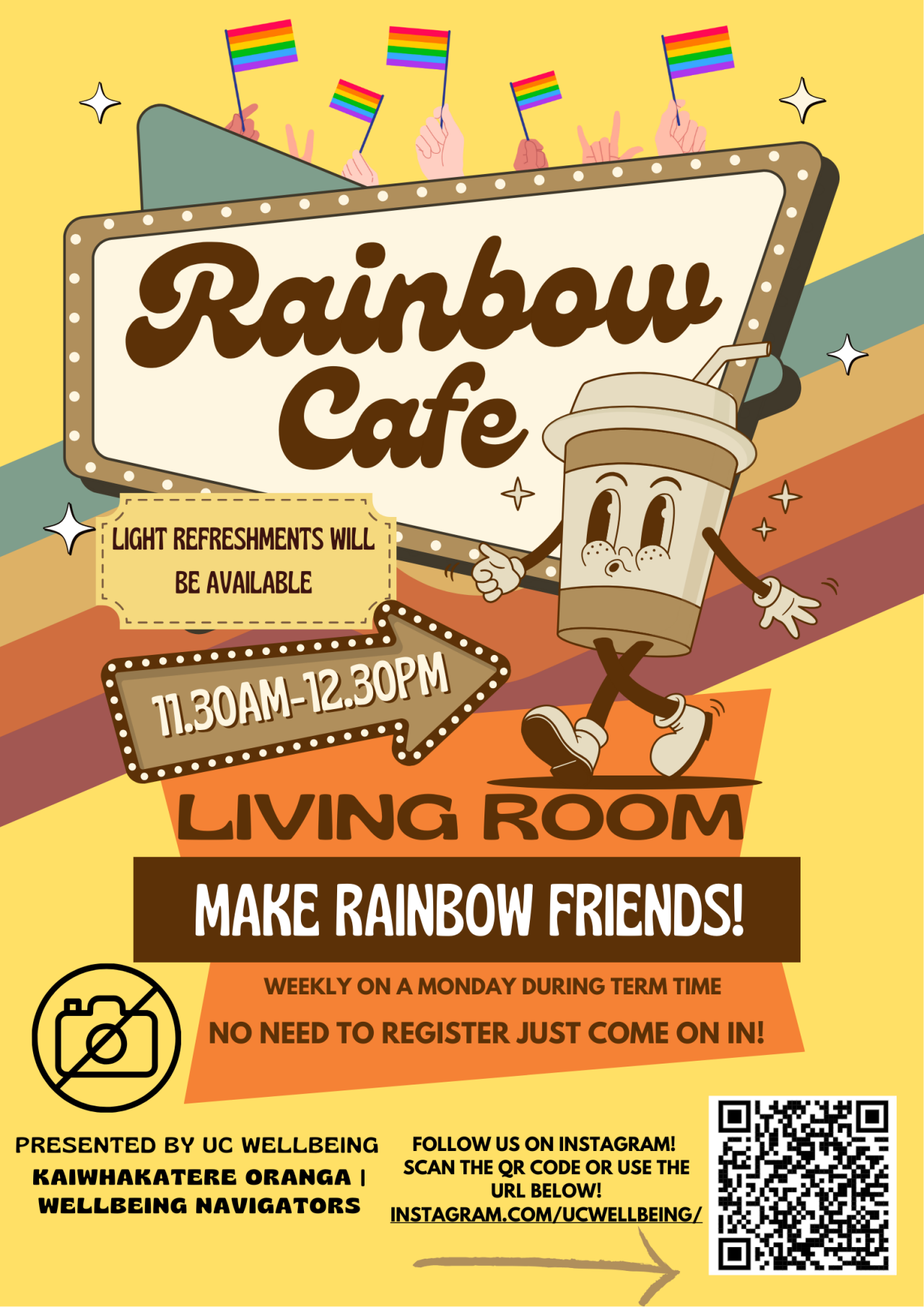 Coffee cup cartoon with with Rainbow flags in the background. Rainbow Cafe, 11:30–12:30 in the Living Room. Fortnightly Mondays starting from 21 July. No registration required. 