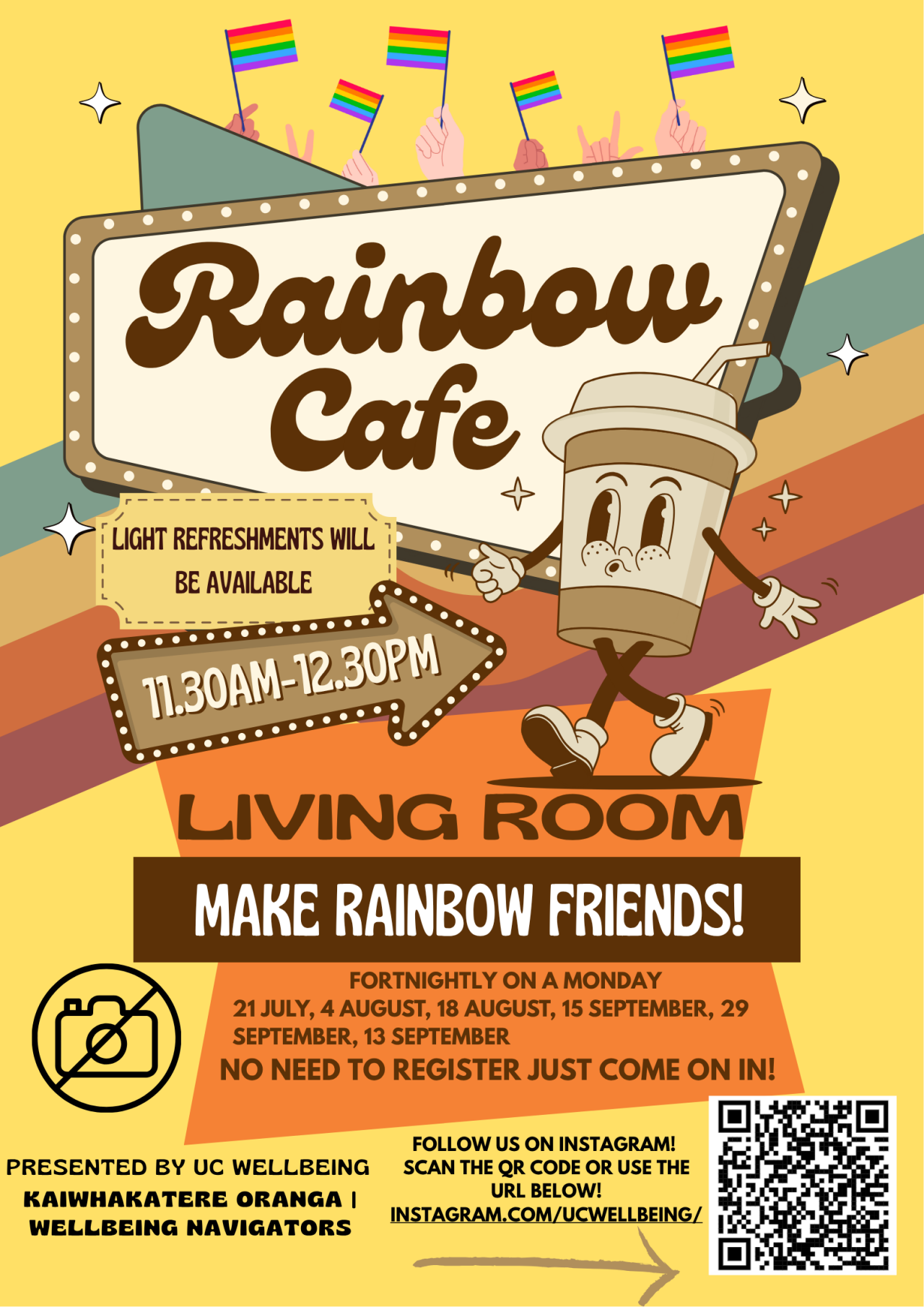 Coffee cup cartoon with with Rainbow flags in the background. Rainbow Cafe, 11:30–12:30 in the Living Room. Fortnightly Mondays starting from 21 July. No registration required.