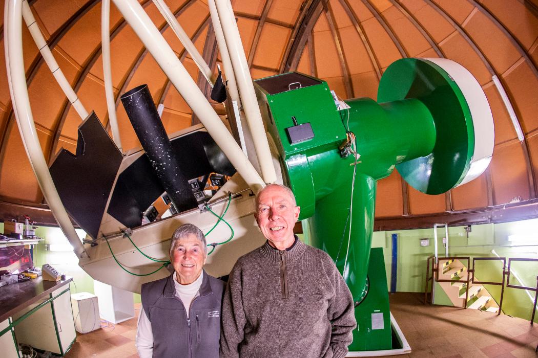 Astronomers Alan Gilmore and Pamela Kilmartin work with the country’s second-largest telescope, the one-metre McLellan reflector, which was built in UC’s workshops and installed at UC’s Mount John Observatory in 1986.
