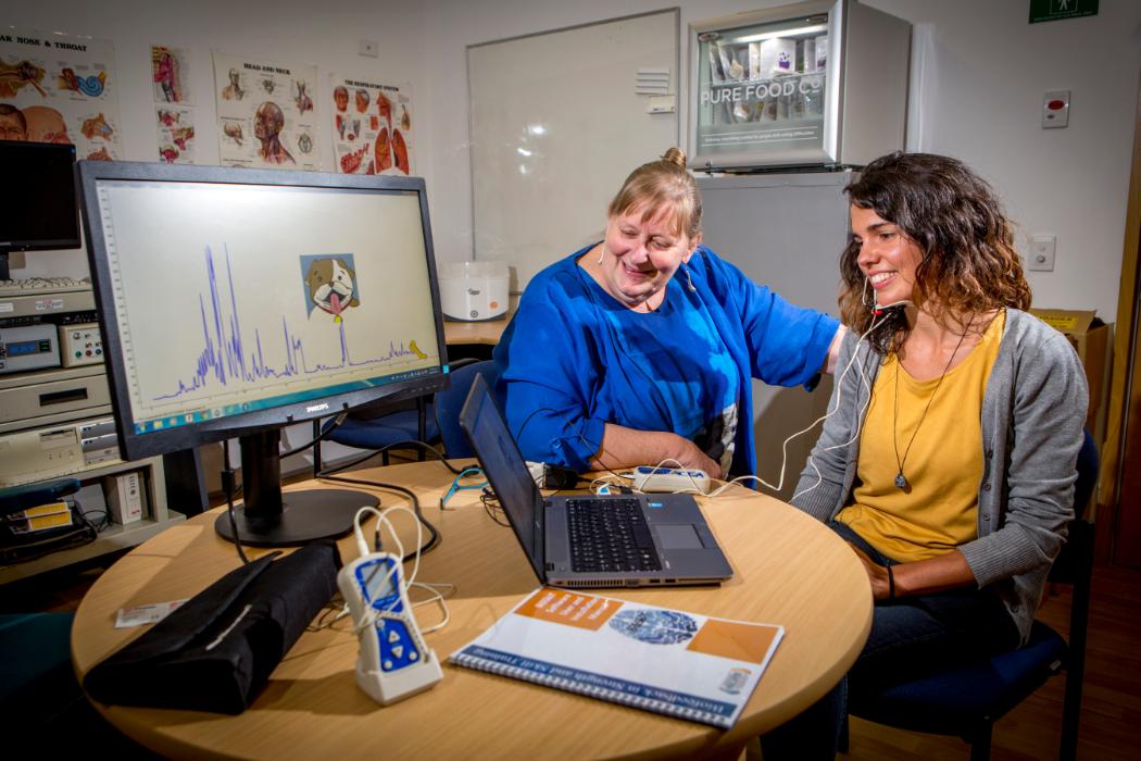Professor Maggie-Lee Huckabee and research biomedical engineer Esther Guiu Hernandez testing the Rose Centre’s BiSSkiT software, the first project under the new Wakefield Fellowship.