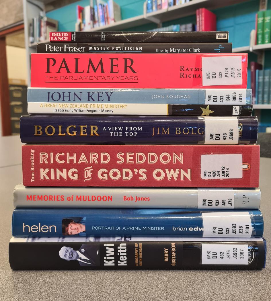 A pile of books about prime ministers from Macmillan Brown Library collection