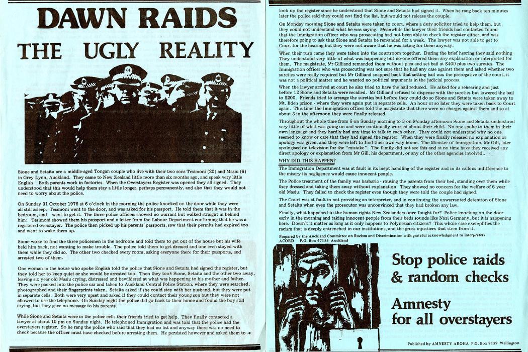 Dawn Raids: the ugly truth, Auckland Committee on Racism and Discrimination and Amnesty Aroha. Macmillan Brown Library, bib#3027078.