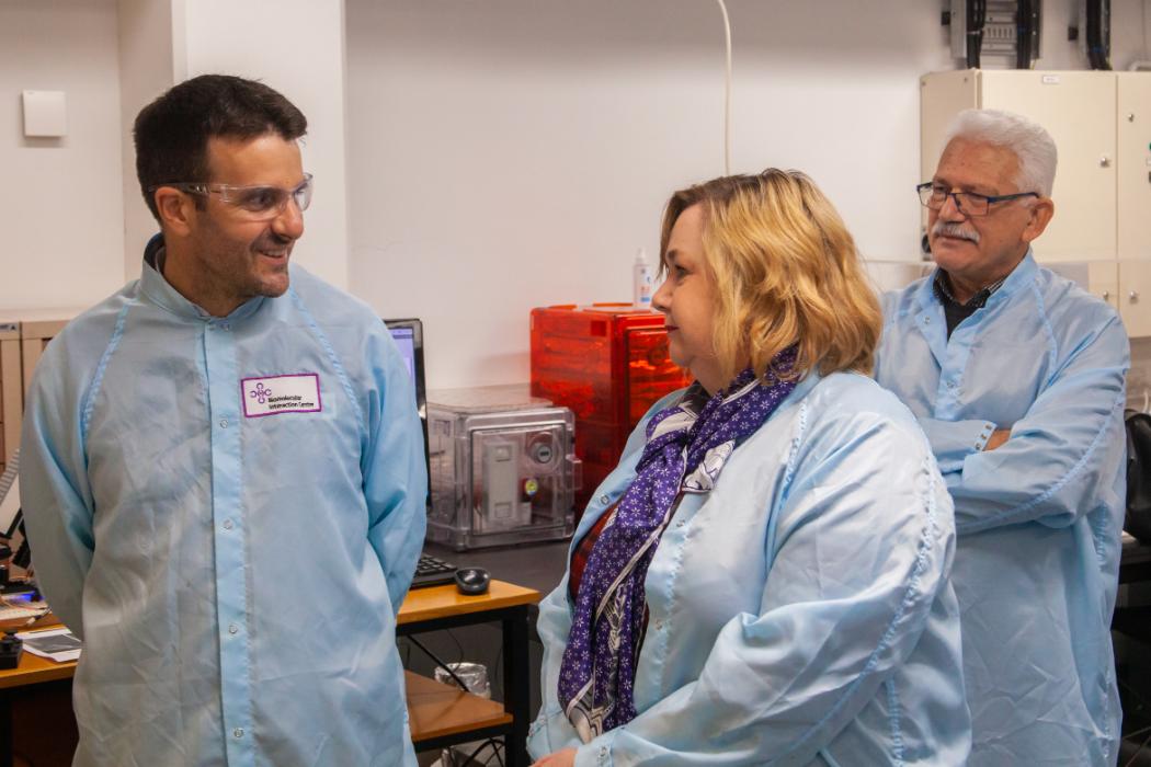 Associate Professor Volker Nock, the Hon Dr Megan Woods and Professor Maan Alkaisi at the official launch of New Zealand’s first Nanoscribe 3D printer this week