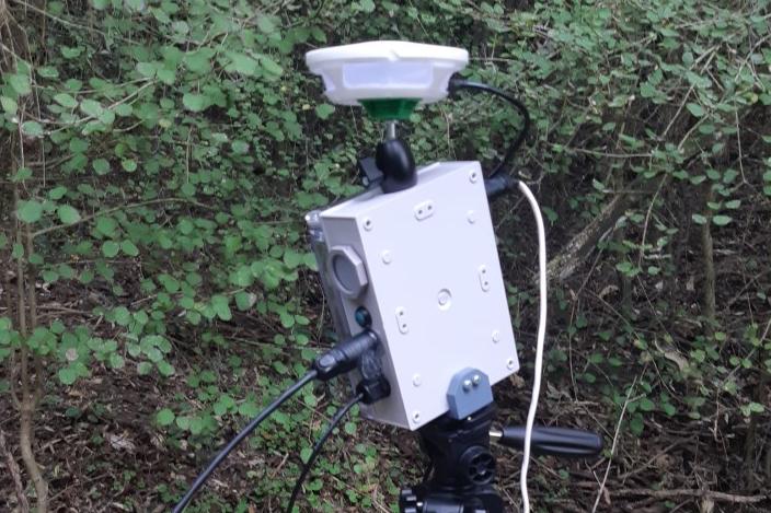Ben McEwen’s microphone and thermal camera set up. The microphone array is mounted on top of a thermal camera. The thermal camera is pointing at a speaker that plays an audio lure every hour and the microphone then listens for 60 seconds.