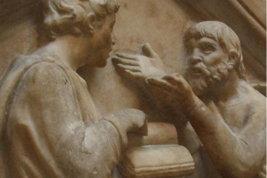 Plato and Aristotle, detail of a Luca Della Robbia sculpture. Wikimedia Commons.