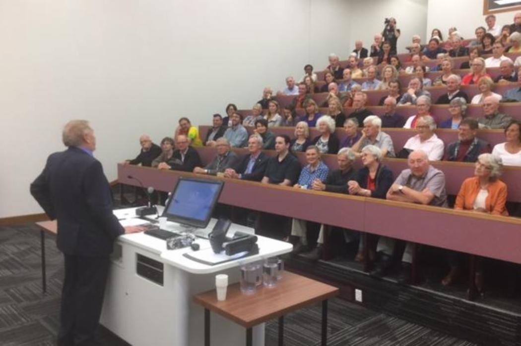 Austin Mitchell giving a public lecture at the University of Canterbury in February 2016.