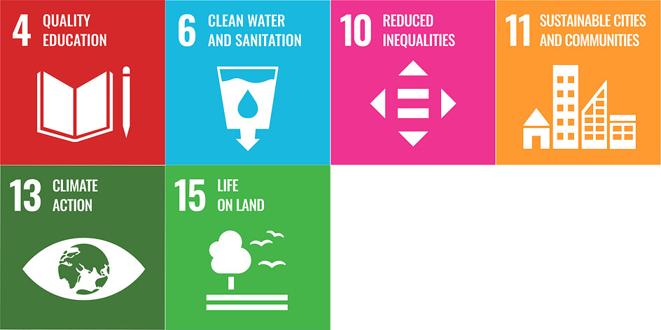Icons depicting the Sustainable Development Goals: 4 Quality Education, 6 Clean Water and Sanitation, 10 Reduced Inequalities, 11 Sustainable Cities and Communities, 13 Climate Action, 15 Life on Land.
