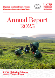 Cover of Nigerian Montane Forest Project Annual Report 2025 showing people measuring plants in a quadrat on grassland