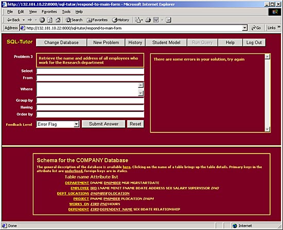 Screenshot of Interface of the web-enabled SQL-Tutor