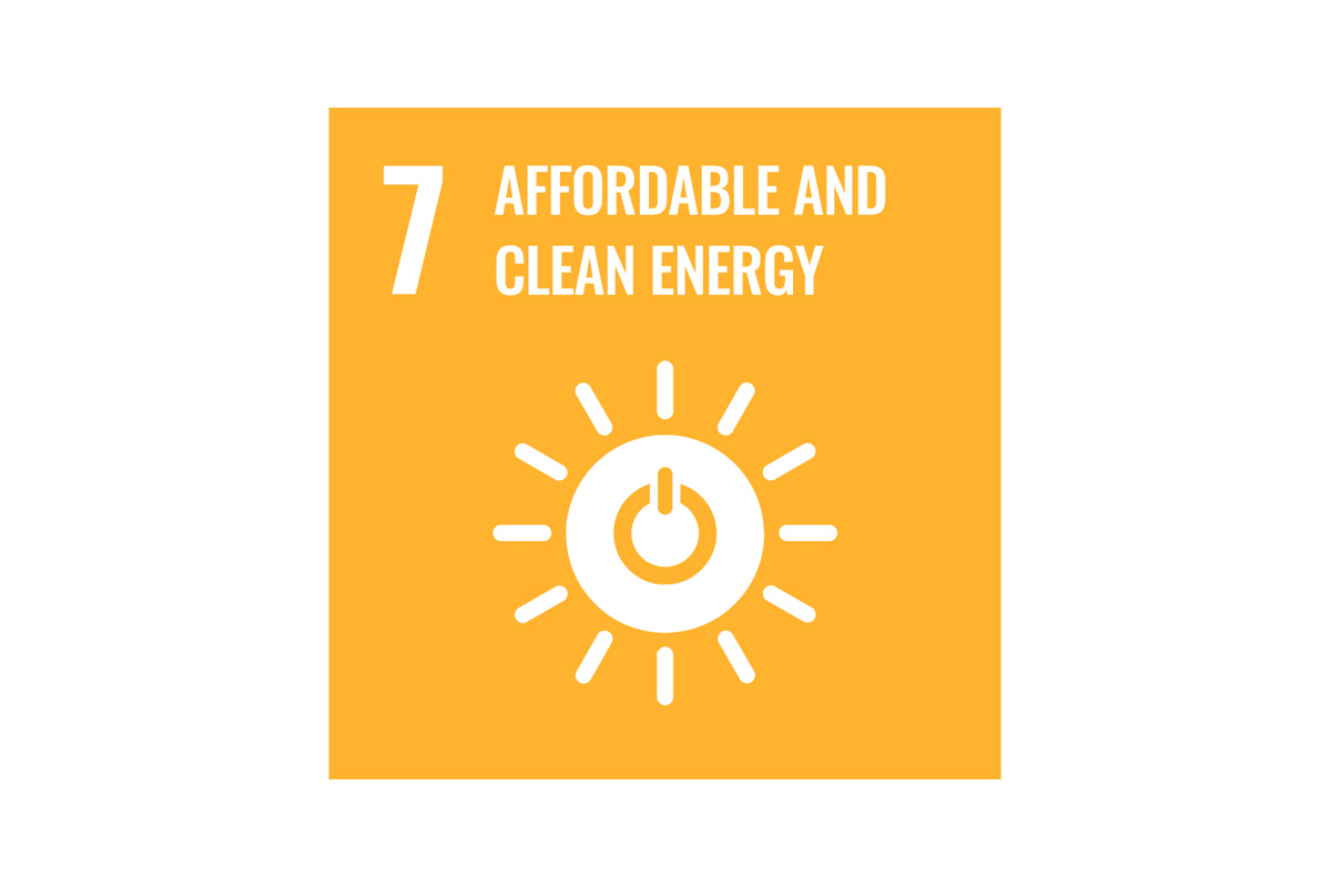 Graphic of a sun with a power symbol in the middle with a heading reading "number seven, affordable and clean energy".