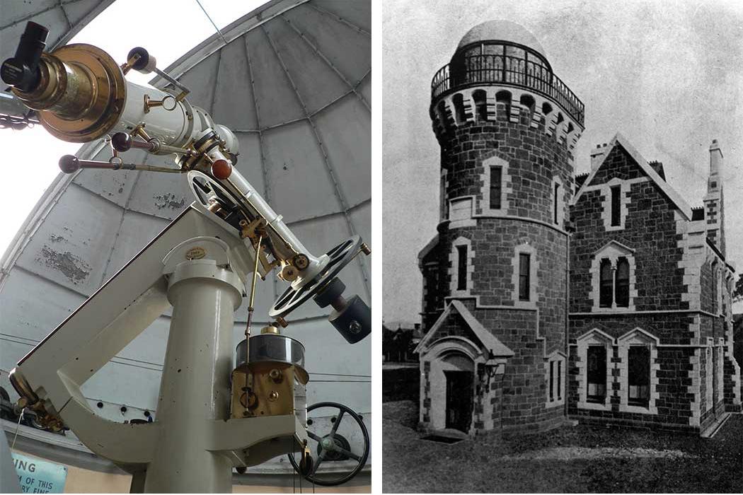 From left: The Townsend Telescope (Credit: Dale Kershaw 2008); The completed Observatory Tower (Source: The Weekly Press, 19 March 1896).