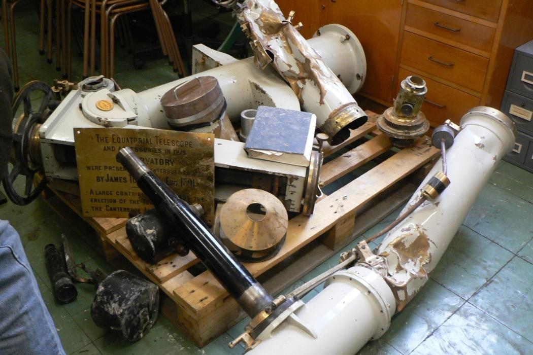 The damaged pieces of the Townsend Telescope recovered after the 2011 Earthquake (Credit: University of Canterbury).