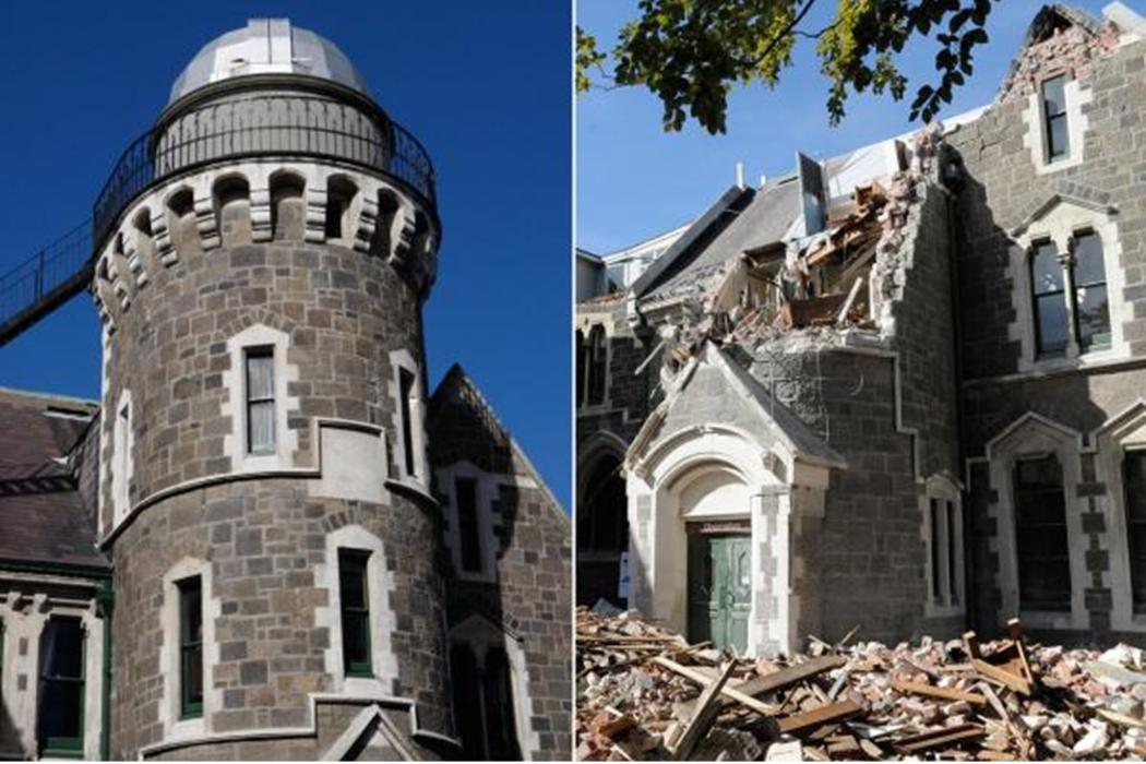 The Observatory Tower in the Arts Centre before and after the 2011 earthquake (Credit: The Press)