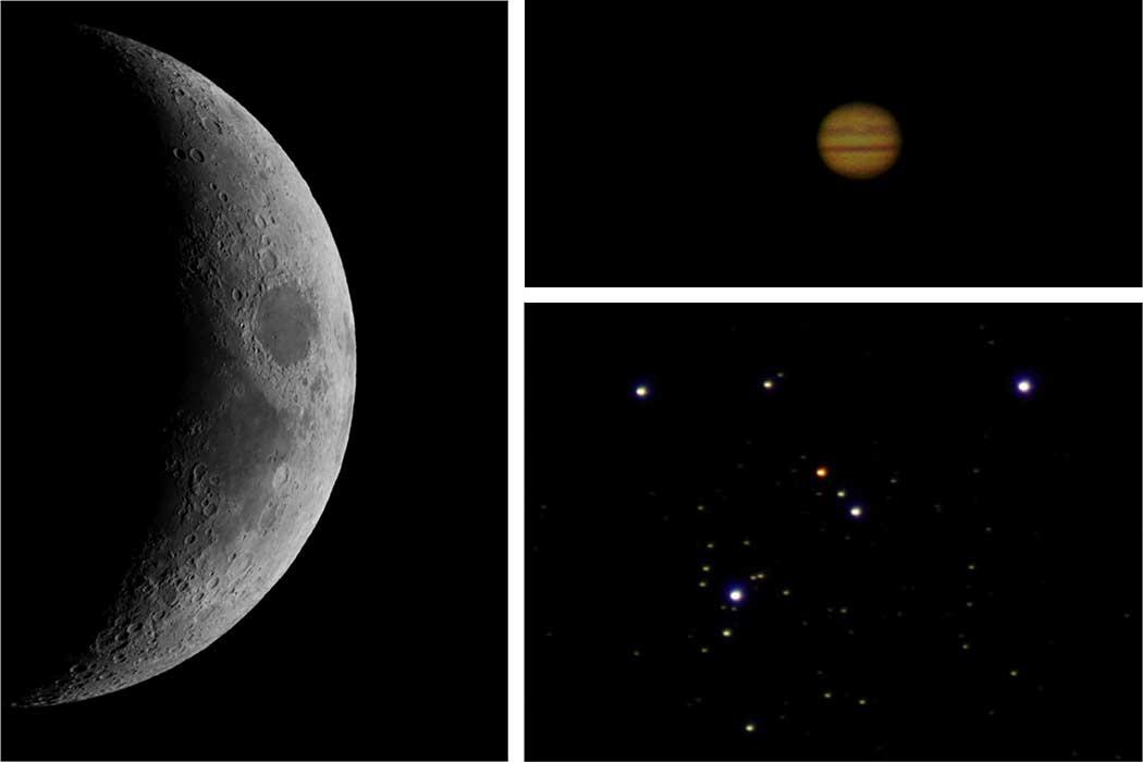 Images of the night sky taken through the Townsend Teece Telescope: the Moon, the planet Jupiter and the “Jewel Box” star cluster (Credit: Vincent Thompson).