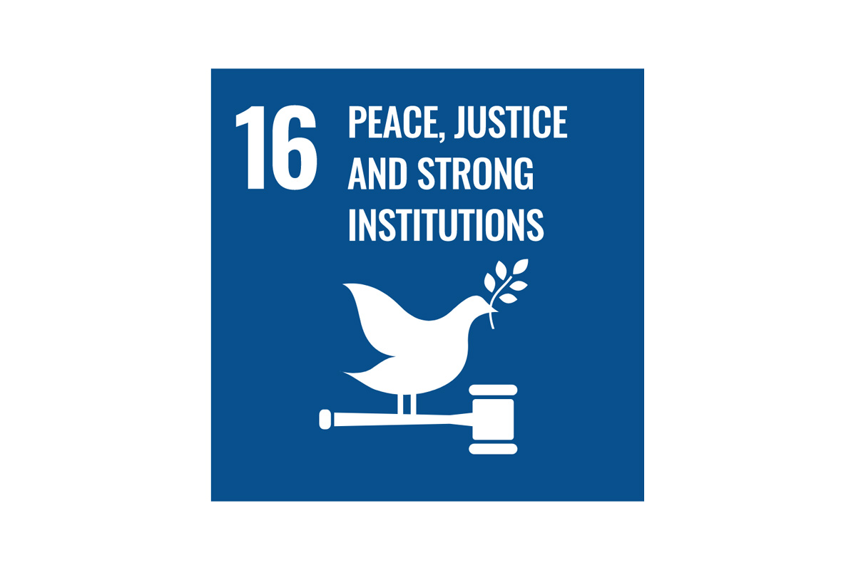 Graphic of a dove holding a gavel and an olive branch with a heading reading "number sixteen, peace, justice and strong institutions".