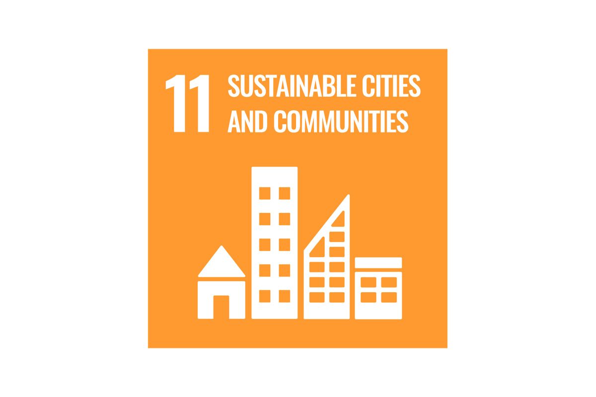 Graphic of a city skyline of buildings with a heading reading "number eleven, sustainable cities and communities".