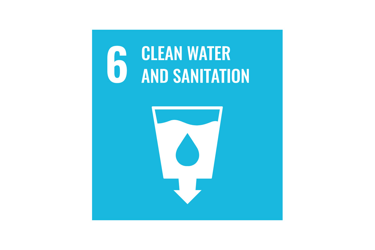 Graphic of a drinking glass of water with a heading reading "number six, clean water and sanitation".