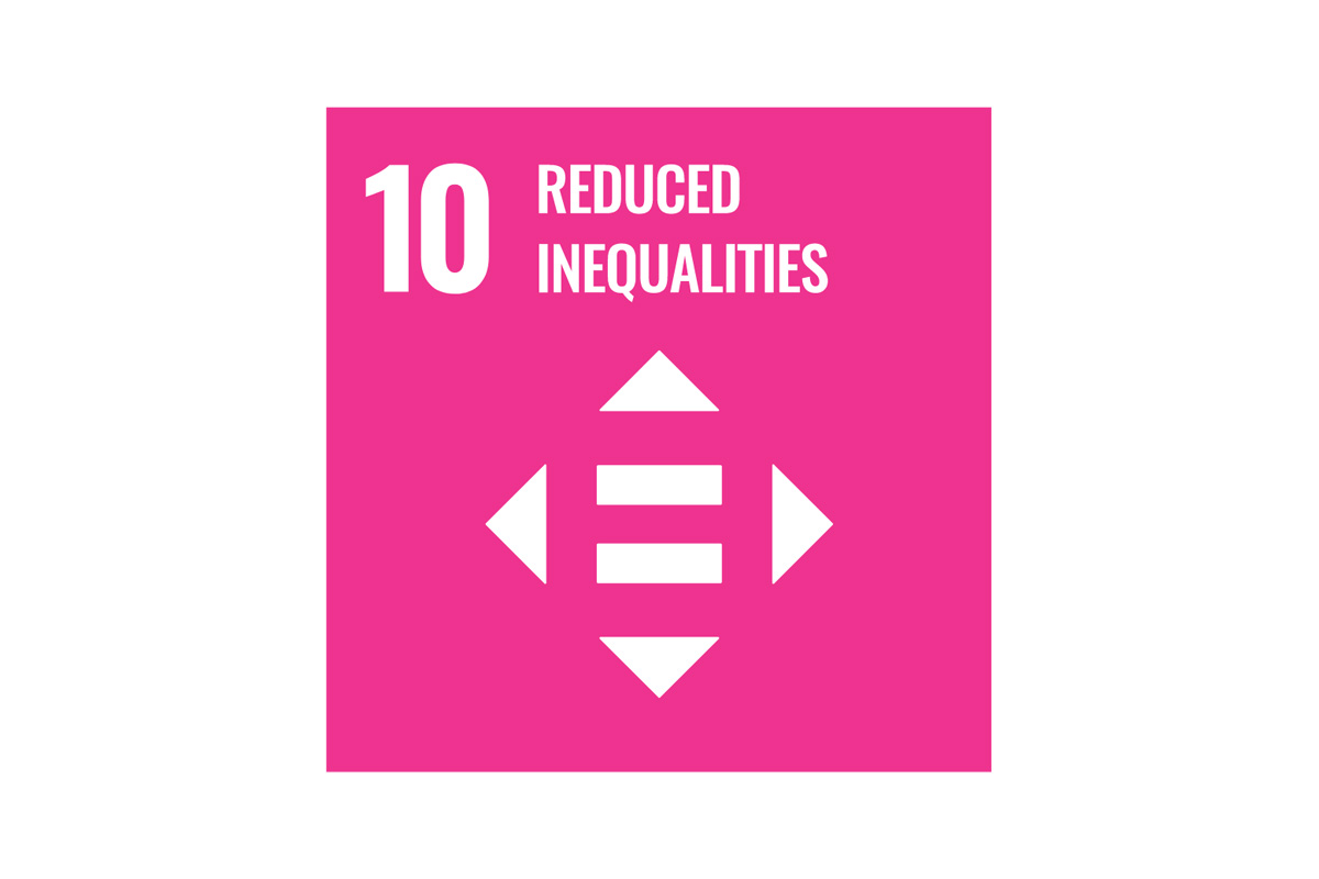 Graphic of a directional arrow symbol with an equals sign in the middle, with a heading reading "number ten, reduced inequalities".