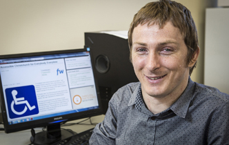 Phd student John Bourke, researching wheelchair access throughout Christchurch, wheelchair bound after a surfing accident, 3.9.14