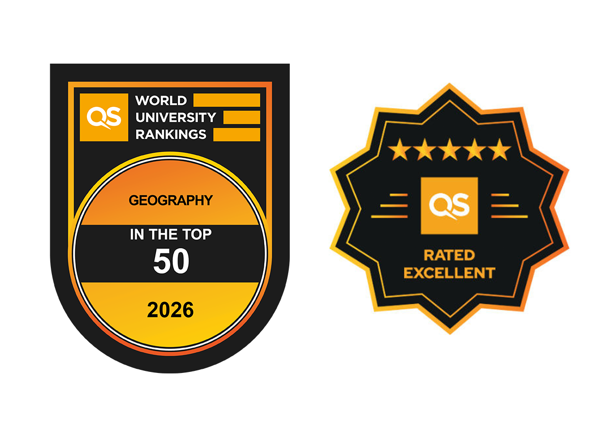 Shield graphic depicting UC as a top 50 university in Geography by QS in 2026.