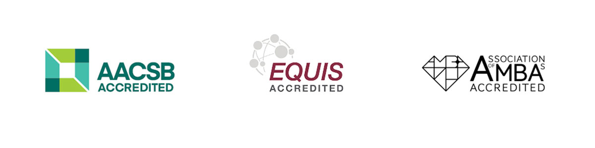 Logos for AACBS, EQUIS, and AMBA accreditation organisations for business schools worldwide.
